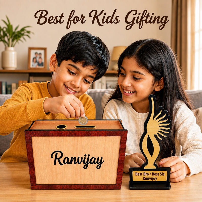 Customized Rakhi Gift Combo for Kids– Personalized Wooden Piggy Bank & Trophy