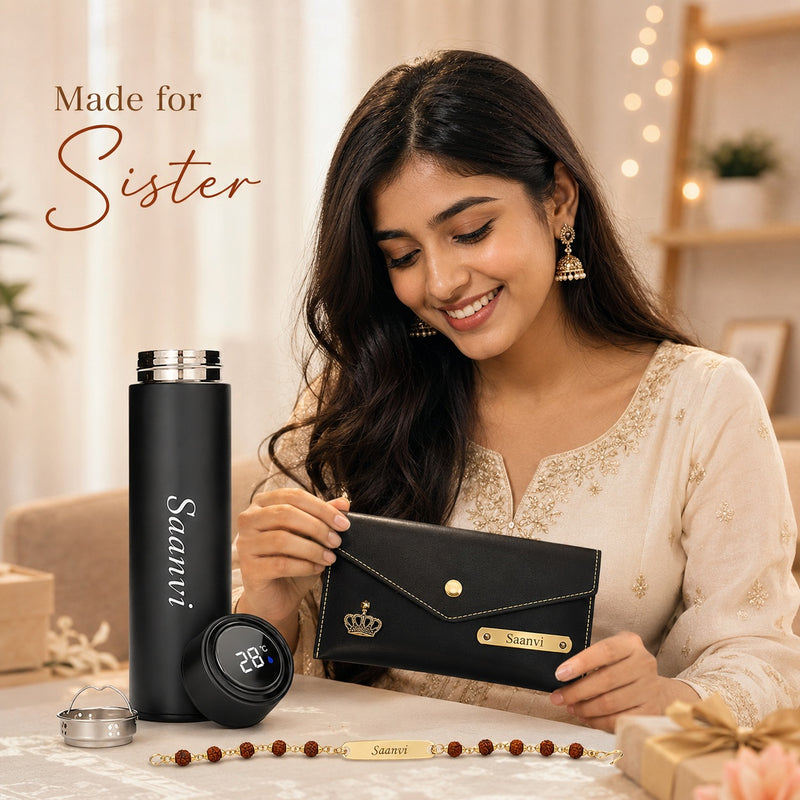 Customized Rakshabandhan Gift for Sister | Name Engraved Black Leather Clutch Purse, Temperature Bottle & Rudraksh Rakhi
