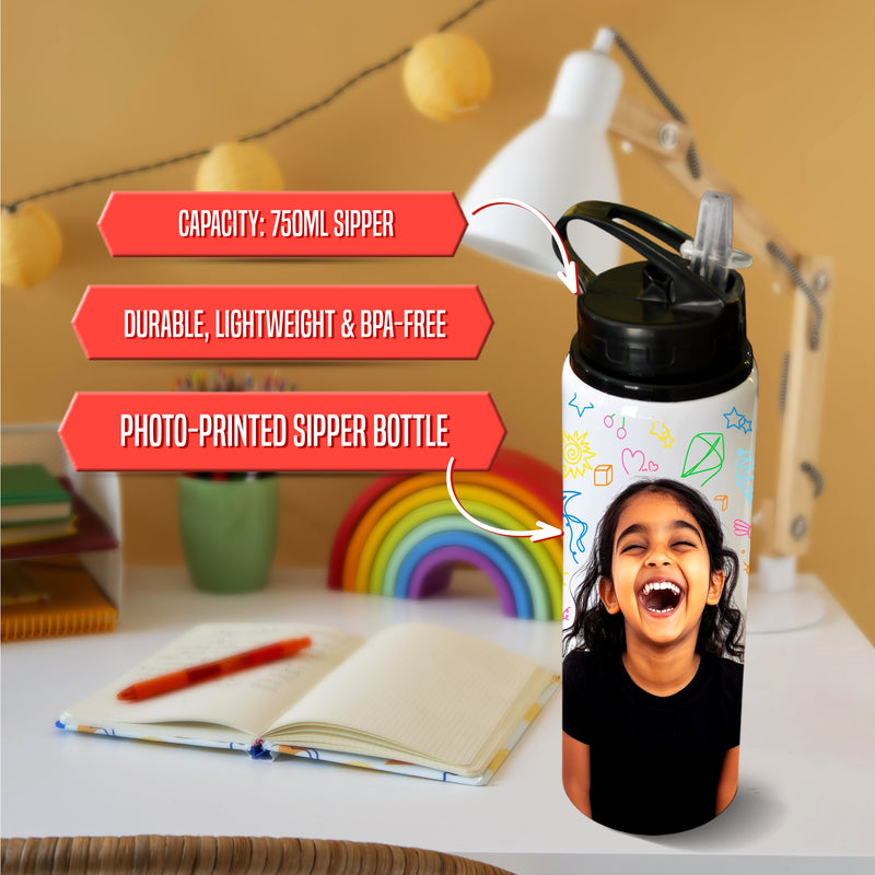 Personalized Kids School Set – Small Lunch Box & Photo Printed Sipper Bottle.