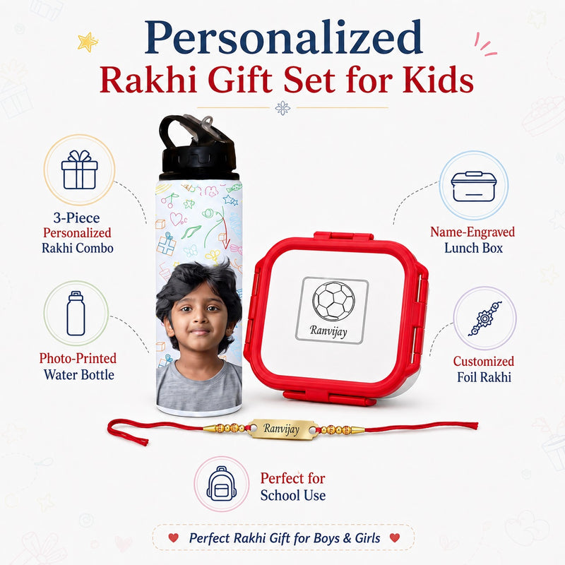 Customized Rakhi Gift Set for Kids, Customized Name Lunch Box with Cartoon Print, Photo Printed Water Bottle & Foil Rakhi