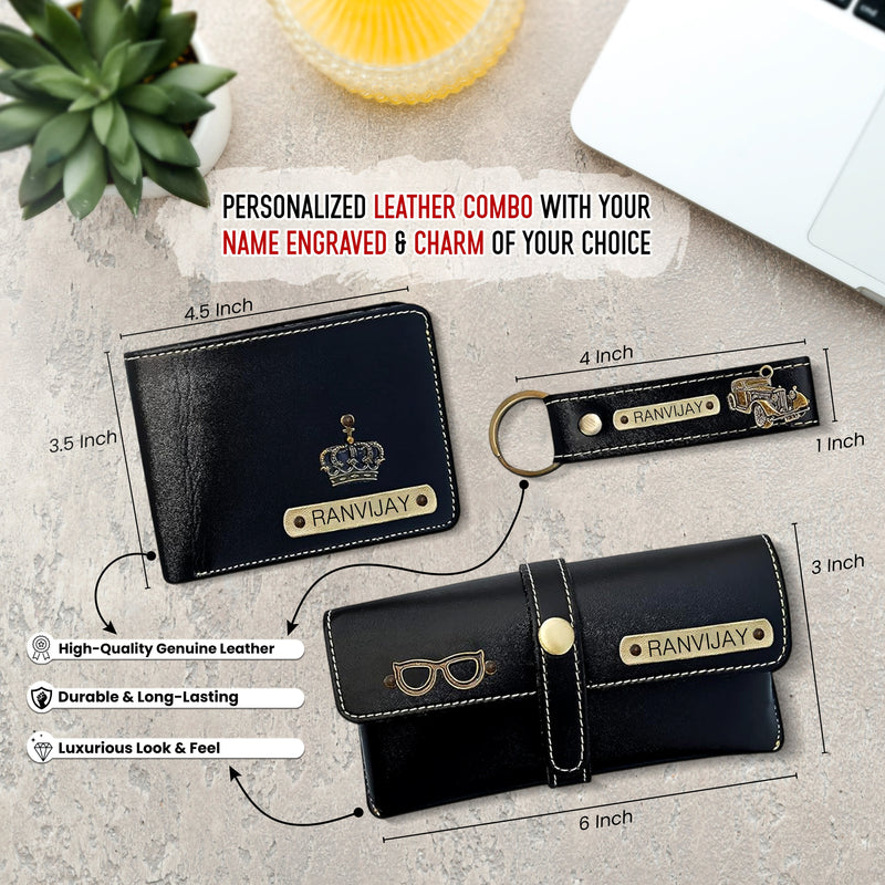 Men's Personalized Leather Gift Combo- Wallet, Eye wear Case Keychain