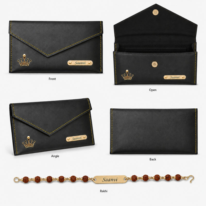 Customized  Rakhi Gift for Sister | Name Engraved Clutch & Rudraksh Name Rakhi
