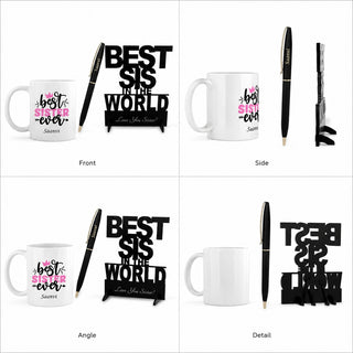 Personalized Gift Set for Sister | Customized Pen with Name Engraved, Awesome Sister Ever Mug & Best Sister in the World Acrylic Stand
