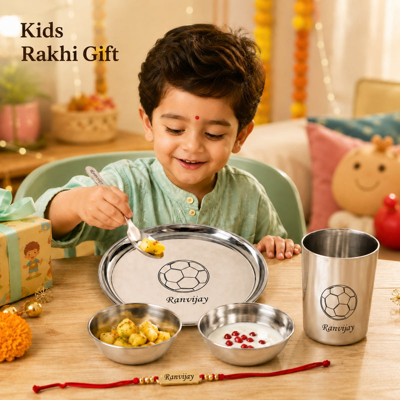Personalized Rakshabandhan Gift Set – Customized Steel Meal Set with Name Cartoon Character | Engraved Foil Rakhi for Bhai