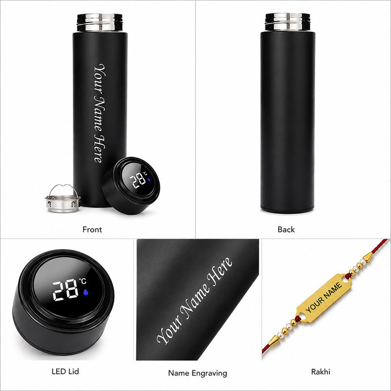 Personalized Rakhi Gift for Brother with Name | Customized Rakhi with 500ml Black Bottle |
