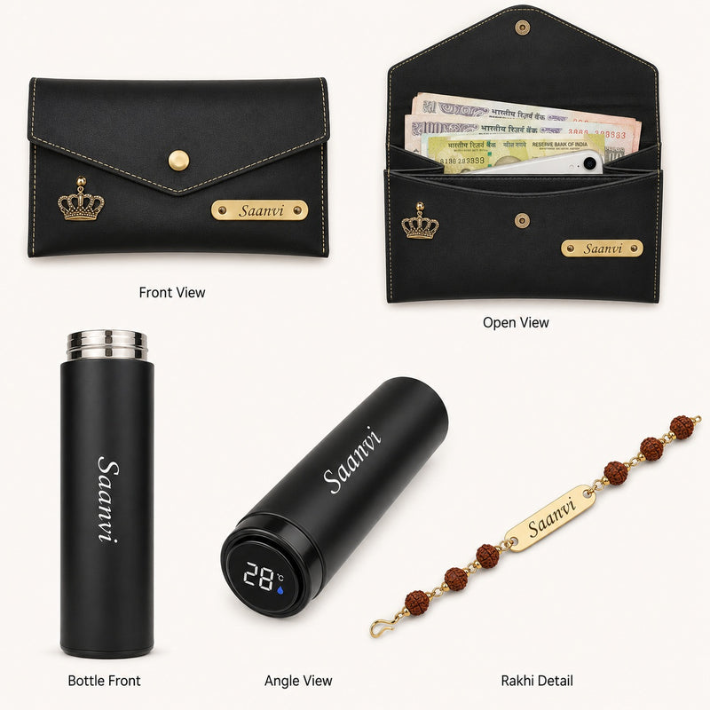 Customized Rakshabandhan Gift for Sister | Name Engraved Black Leather Clutch Purse, Temperature Bottle & Rudraksh Rakhi