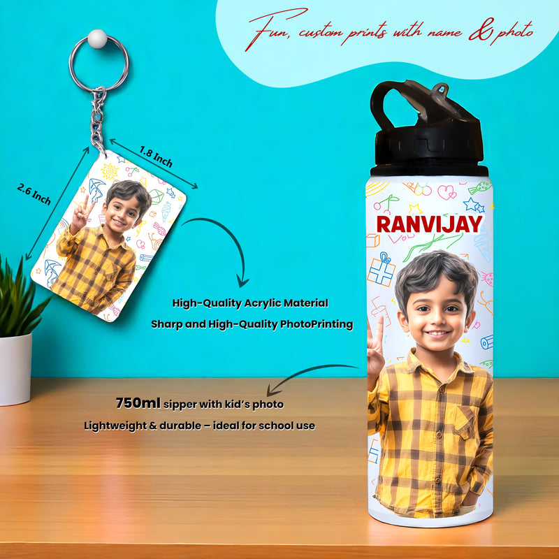 Personalized Kids Gift Set – Photo Printed Bottle & Keychain & Name  Engraved Pencils