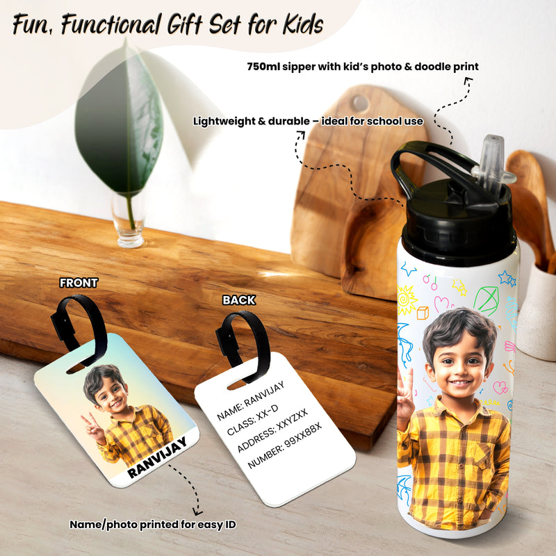 Kids Personalized Travel Set – Duffle Bag, Photo Sipper Bottle & Luggage Tag.