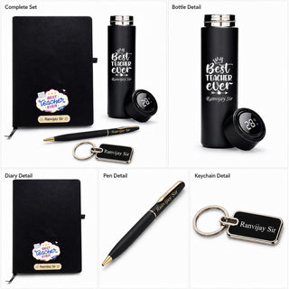 Customized Teachers Day Gift Combo with Name Engraved Pen, Water Bottle, A5 Diary & Keychain for Teachers