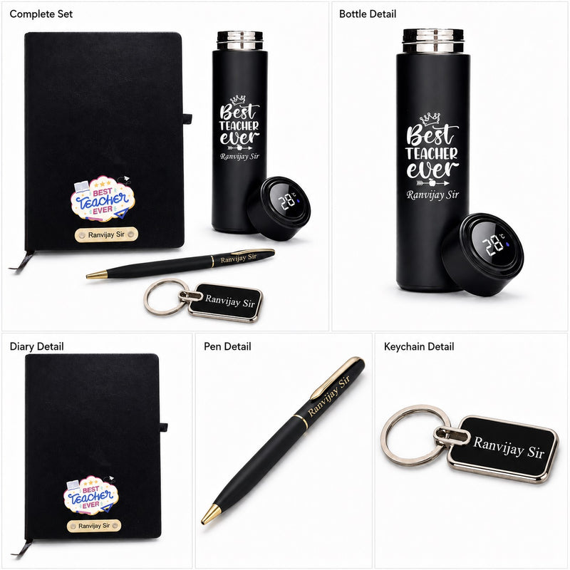 Customized Teachers Day Gift Combo with Name Engraved Pen, Water Bottle, A5 Diary & Keychain for Teachers.