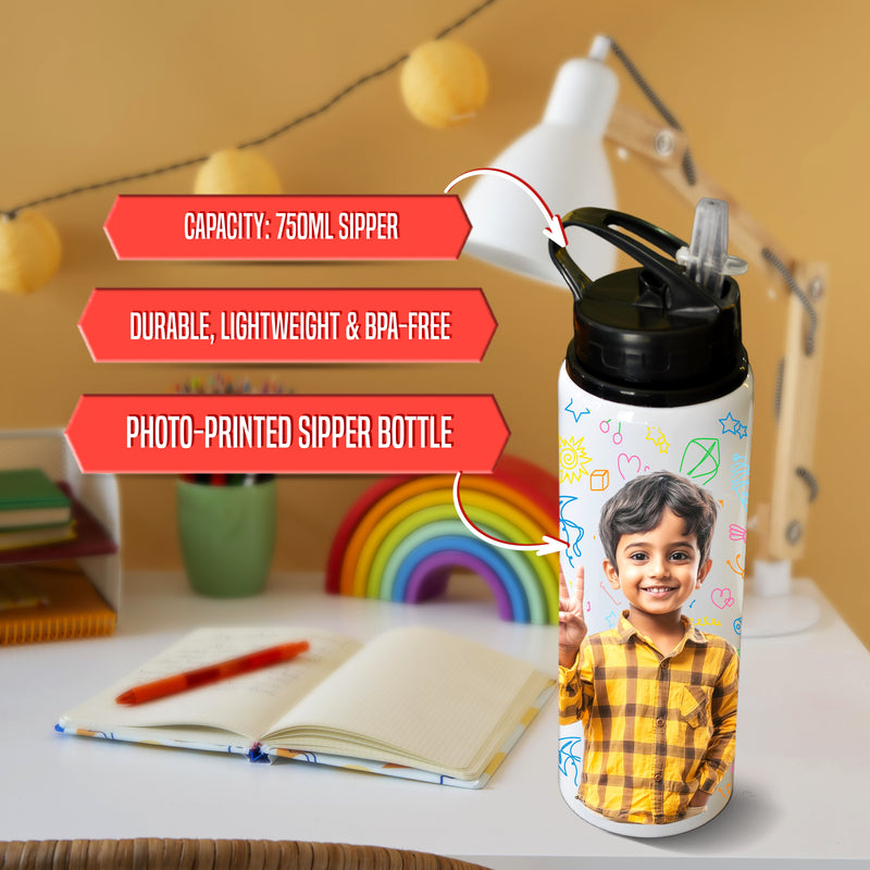 Personalized Kids Gift Set – 750ml Sipper Bottle with Photo & Ceramic Mug.