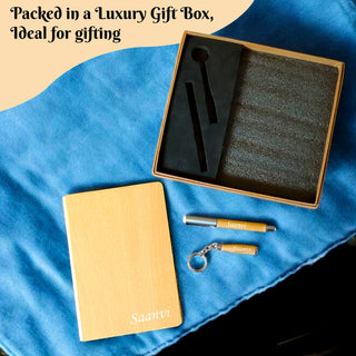 Wooden Finish Personalized Gift Set – Diary, Pen & Keychain with Employee Name & Company Logo –
