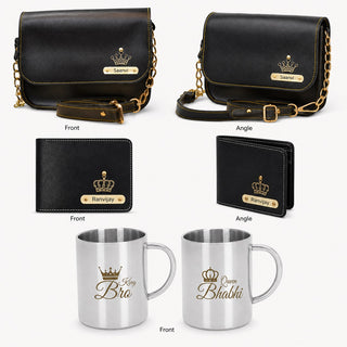 Customized Rakshabandhan Gift for Bhaiya & Bhabhi | Engraved Men's Wallet & Women's Sling Bag with Name & Charm | King Bro & Queen Bhabhi Steel Mugs