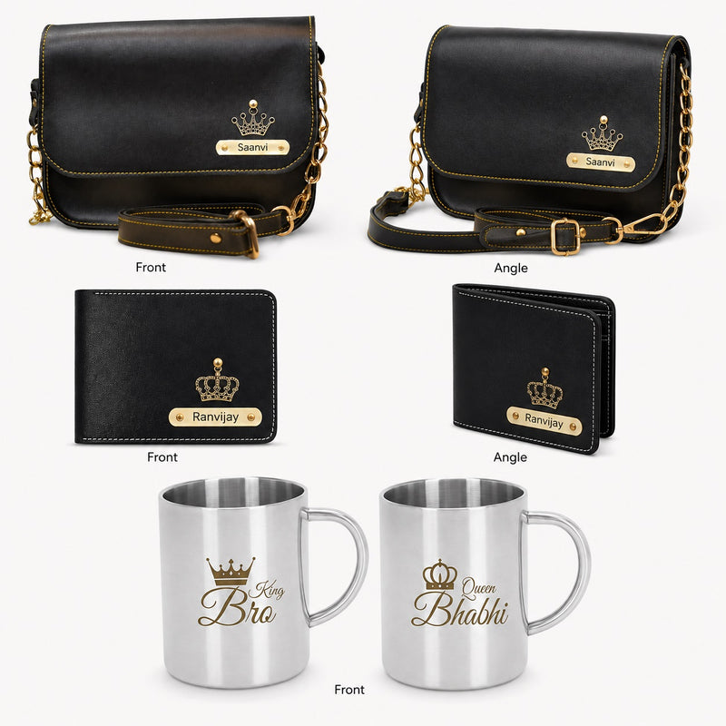 Customized Rakshabandhan Gift for Bhaiya & Bhabhi | Engraved Men's Wallet & Women's Sling Bag with Name & Charm | King Bro & Queen Bhabhi Steel Mugs