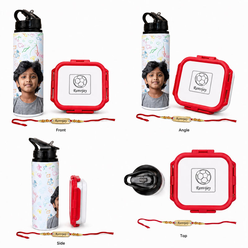 Customized Rakhi Gift Set for Kids, Customized Name Lunch Box with Cartoon Print, Photo Printed Water Bottle & Foil Rakhi