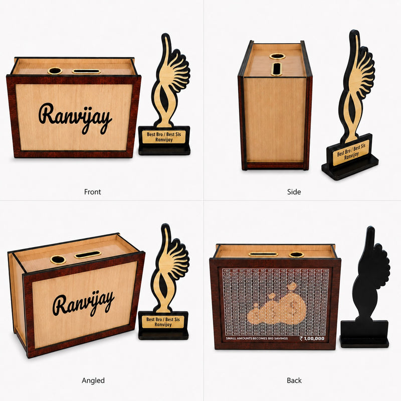 Customized Rakhi Gift Combo for Kids– Personalized Wooden Piggy Bank & Trophy