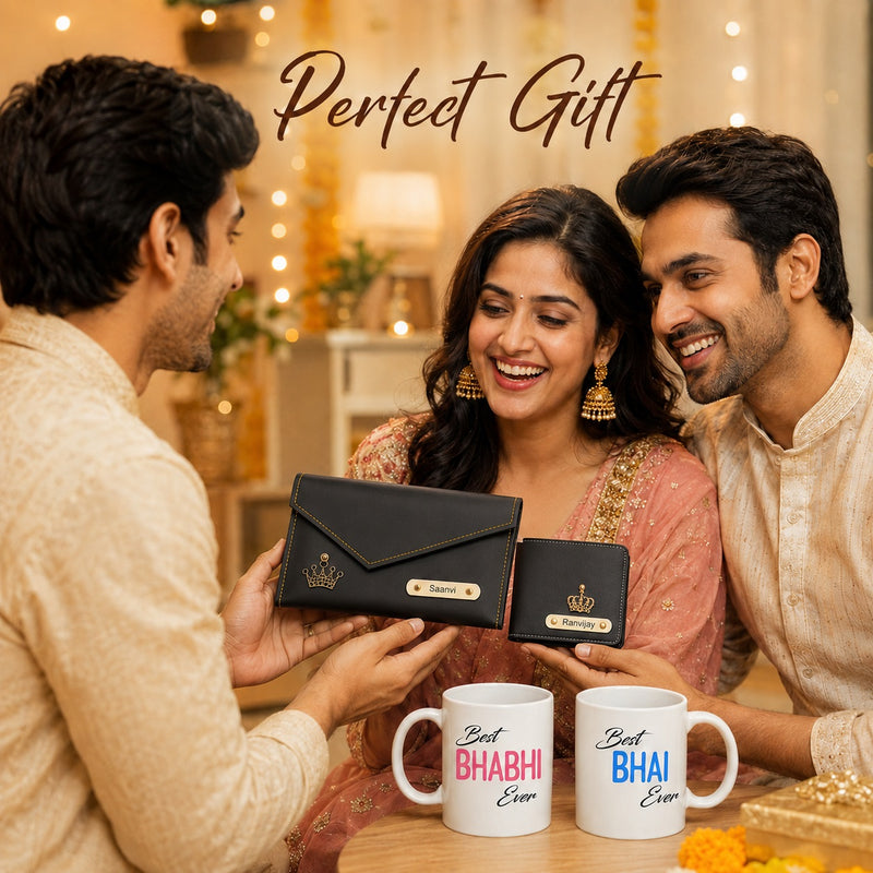 Customized Name Engraved Men's Wallet & Women's Clutch with Charm | Best Bhaiya Ever & Best Bhabhi Ever Ceramic Couple Mug Set| Personalized Gift for Bhaiya & Bhabhi