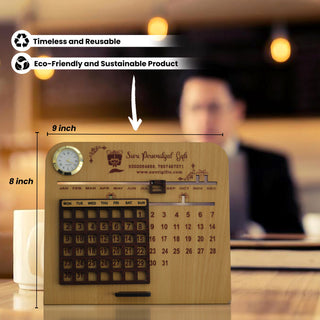 Wooden Desk Calendar with Clock – Lifetime Perpetual Calendar with Name Engraving