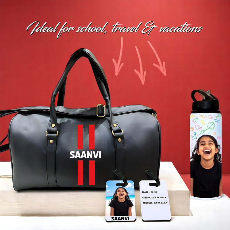 Kids Personalized Travel Set – Duffle Bag, Photo Sipper Bottle & Luggage Tag.