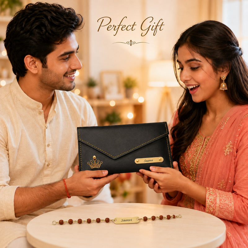 Customized  Rakhi Gift for Sister | Name Engraved Clutch & Rudraksh Name Rakhi