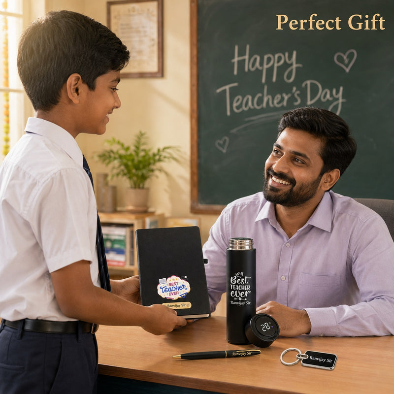 Customized Teachers Day Gift Combo with Name Engraved Pen, Water Bottle, A5 Diary & Keychain for Teachers.
