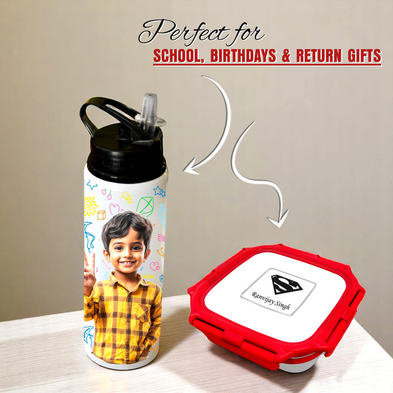 Personalized Kids School Set – Small Lunch Box & Photo Printed Sipper Bottle.