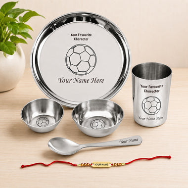 Personalized Rakshabandhan Gift Set – Customized Steel Meal Set with Name Cartoon Character | Engraved Foil Rakhi for Bhai