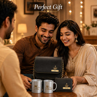 Customized Rakshabandhan Gift for Bhaiya & Bhabhi | Engraved Men's Wallet & Women's Sling Bag with Name & Charm | King Bro & Queen Bhabhi Steel Mugs