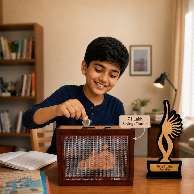 Customized Rakhi Gift Combo for Kids– Personalized Wooden Piggy Bank & Trophy