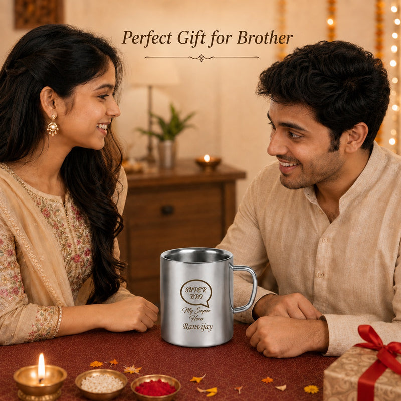 Customized Stainless Steel Coffee Mug with Super Bro and Name Emgraved.