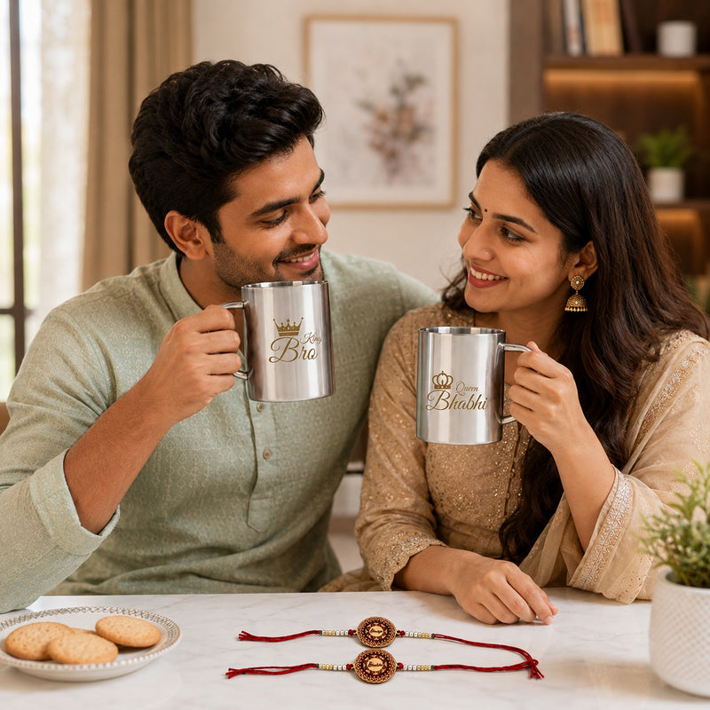 King Bro Queen Bhabhi Steel Mug Set of 2 with 2 Rakhi | 220 ML Double Wall Stainless Steel Couple Mugs