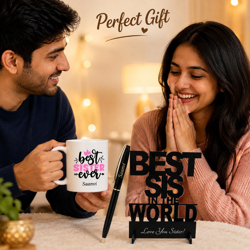 Personalized Gift Set for Sister | Customized Pen with Name Engraved, Awesome Sister Ever Mug & Best Sister in the World Acrylic Stand