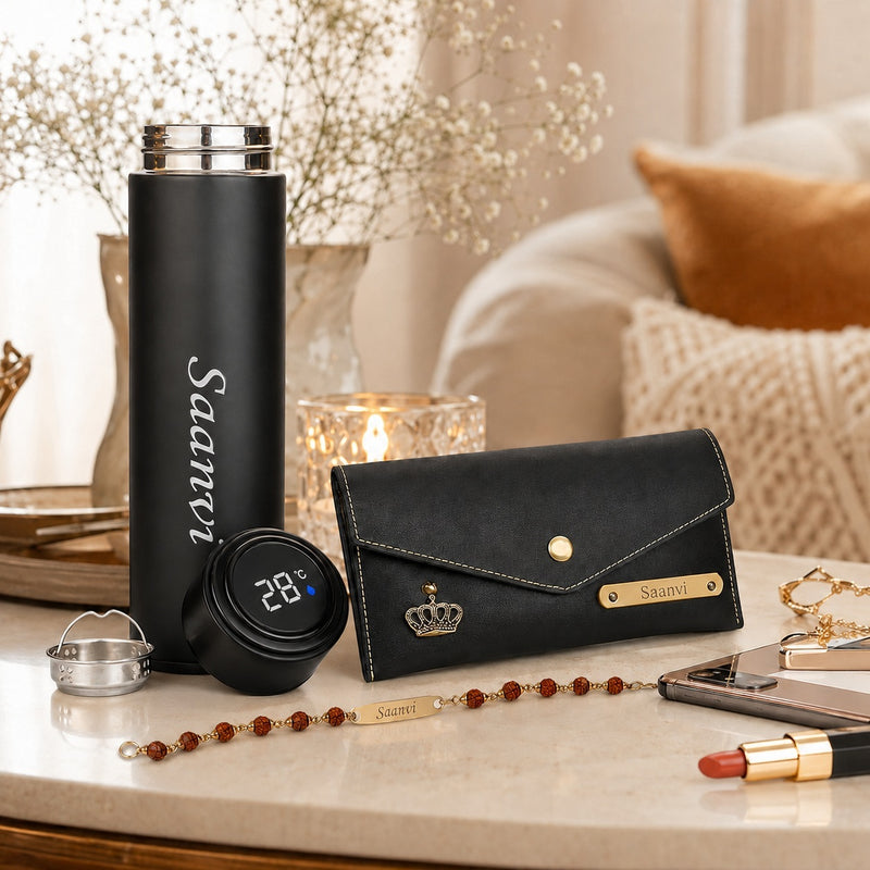 Customized Rakshabandhan Gift for Sister | Name Engraved Black Leather Clutch Purse, Temperature Bottle & Rudraksh Rakhi