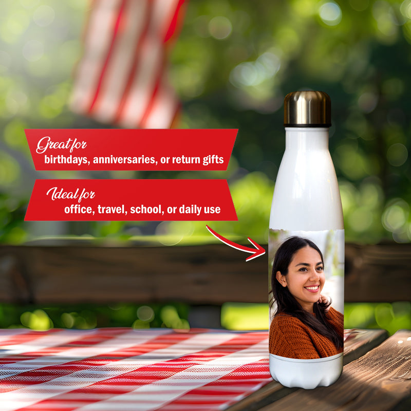 White Stainless Steel Insulated Bottle – Custom Photo & Name Printed Sipper.