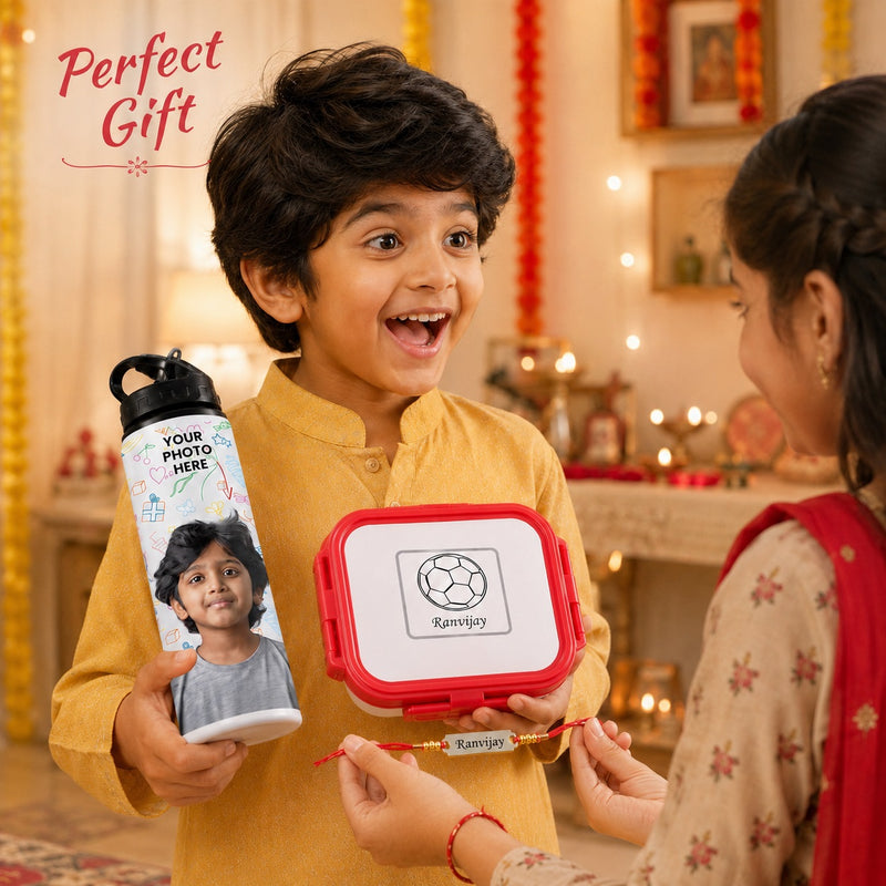 Customized Rakhi Gift Set for Kids, Customized Name Lunch Box with Cartoon Print, Photo Printed Water Bottle & Foil Rakhi