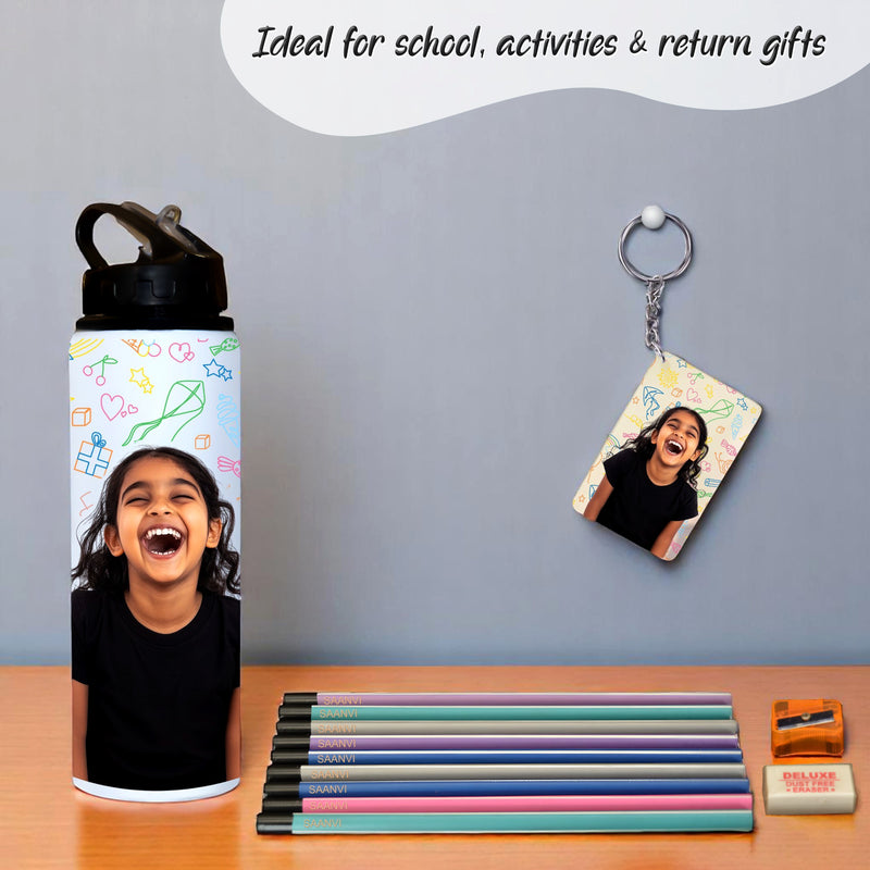 Personalized Kids Gift Set – Photo Printed Bottle & Keychain & Name  Engraved Pencils