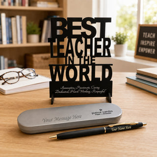 Customized Pen with Name Engraved & Best Teacher in the World Acrylic Stand | Personalized Premium Ball Pen Gift for Teacher