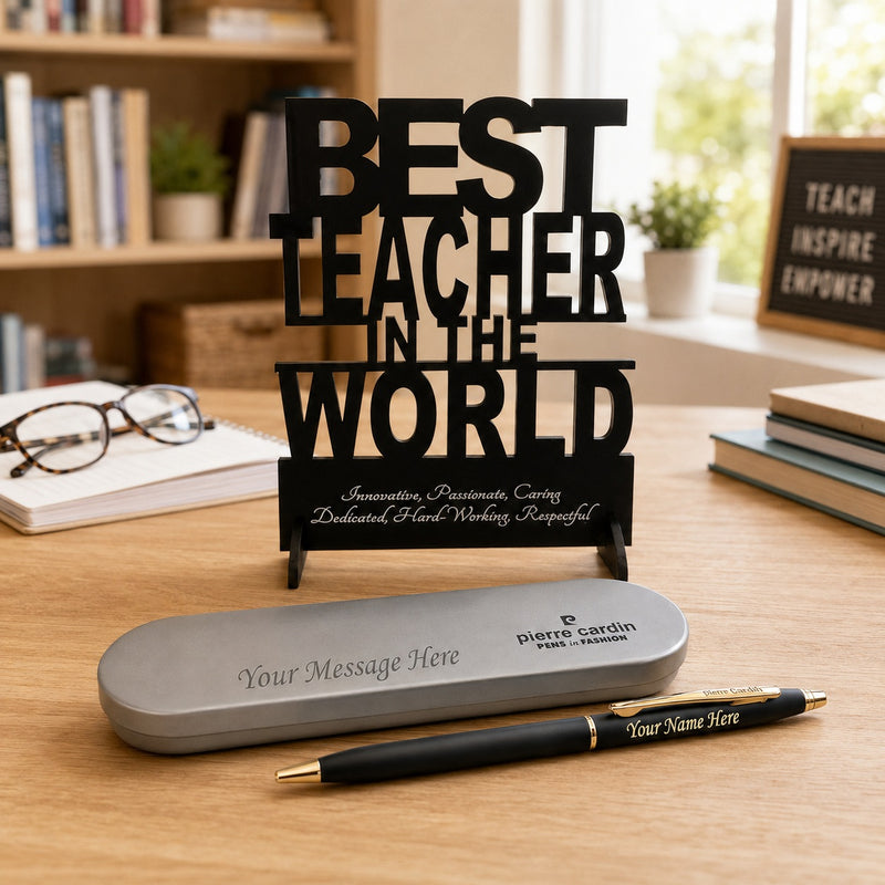 Customized Pen with Name Engraved & Best Teacher in the World Acrylic Stand | Personalized Premium Ball Pen Gift for Teacher
