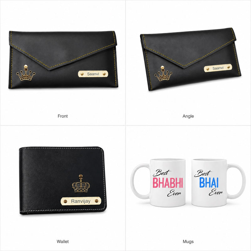 Customized Name Engraved Men's Wallet & Women's Clutch with Charm | Best Bhaiya Ever & Best Bhabhi Ever Ceramic Couple Mug Set| Personalized Gift for Bhaiya & Bhabhi