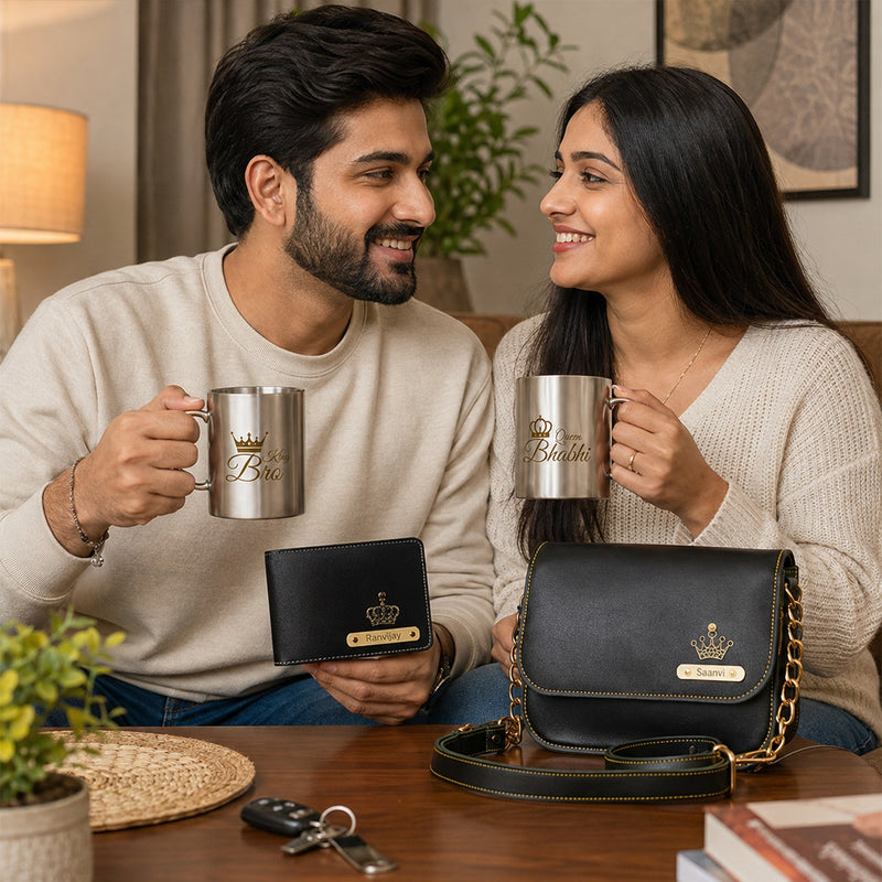 Customized Rakshabandhan Gift for Bhaiya & Bhabhi | Engraved Men's Wallet & Women's Sling Bag with Name & Charm | King Bro & Queen Bhabhi Steel Mugs