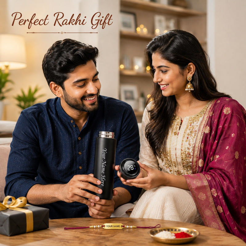 Personalized Rakhi Gift for Brother with Name | Customized Rakhi with 500ml Black Bottle |