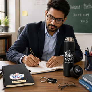Customized Teachers Day Gift Combo with Name Engraved Pen, Water Bottle, A5 Diary & Keychain for Teachers