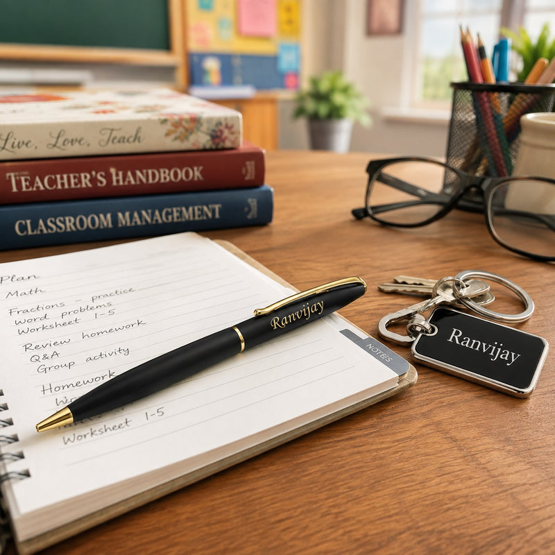 Teacher's Set: Custom Engraved Teacher Metal Keychain & Black-Gold Pen with Name Engraved.