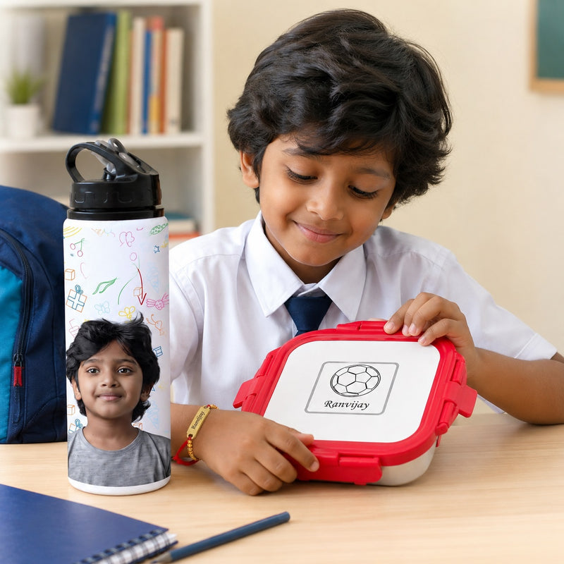 Customized Rakhi Gift Set for Kids, Customized Name Lunch Box with Cartoon Print, Photo Printed Water Bottle & Foil Rakhi