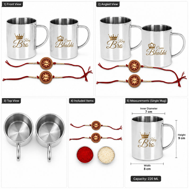 King Bro Queen Bhabhi Steel Mug Set of 2 with 2 Rakhi | 220 ML Double Wall Stainless Steel Couple Mugs