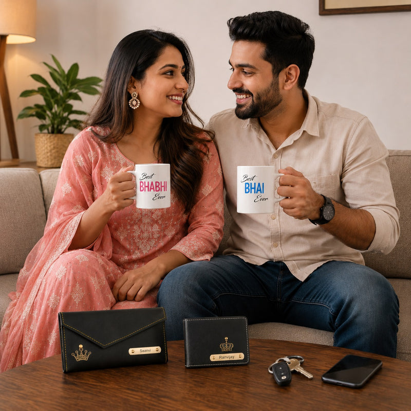Customized Name Engraved Men's Wallet & Women's Clutch with Charm | Best Bhaiya Ever & Best Bhabhi Ever Ceramic Couple Mug Set| Personalized Gift for Bhaiya & Bhabhi