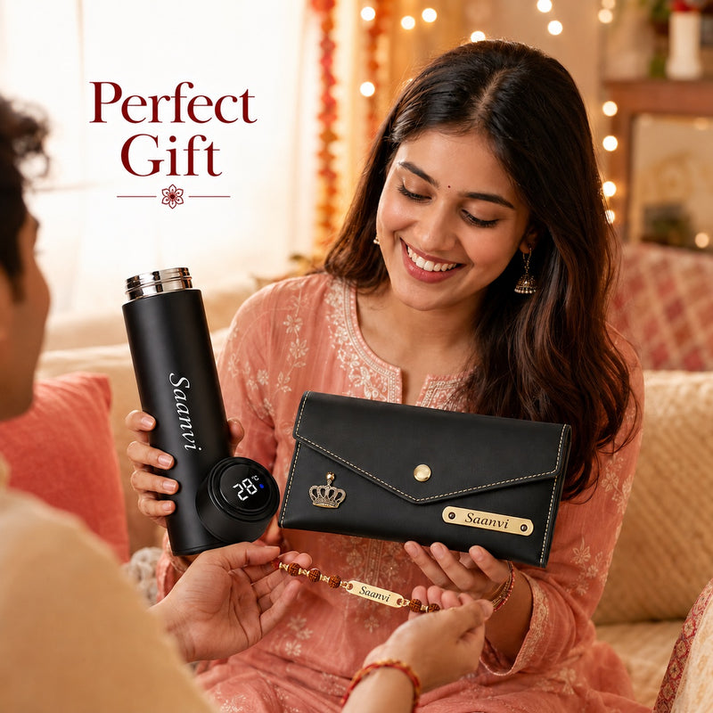 Customized Rakshabandhan Gift for Sister | Name Engraved Black Leather Clutch Purse, Temperature Bottle & Rudraksh Rakhi