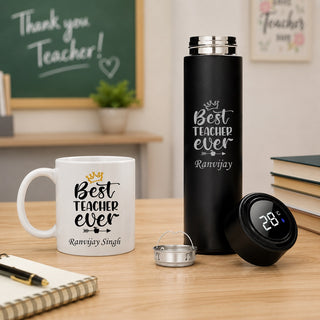 Customized Teachers Day Gift Combo for Teachers | Personalized Customized Black Teacher Bottle & Coffee Mug with Name