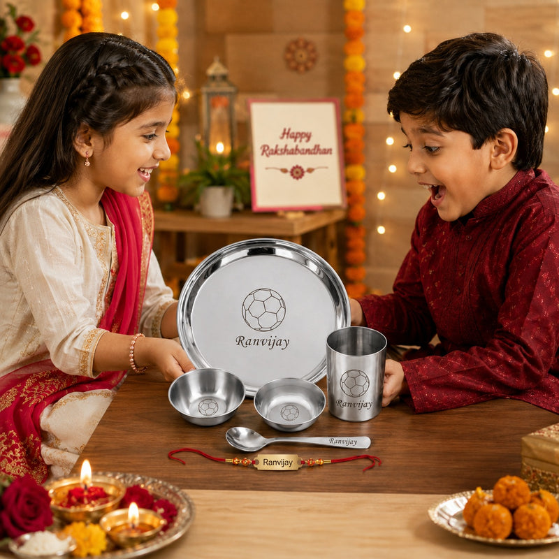 Personalized Rakshabandhan Gift Set – Customized Steel Meal Set with Name Cartoon Character | Engraved Foil Rakhi for Bhai