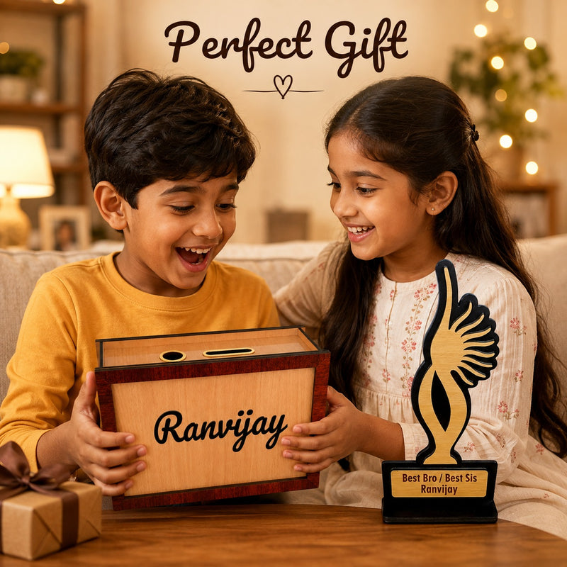 Customized Rakhi Gift Combo for Kids– Personalized Wooden Piggy Bank & Trophy